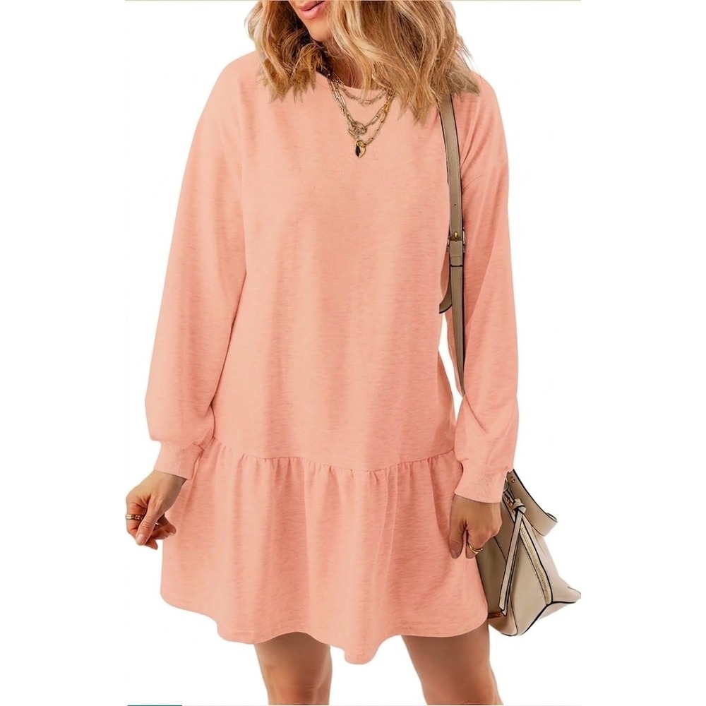 KISSMODA Womens Long Sleeve Knit Mini Dress Dusty Pink Ruffle Hem XXL